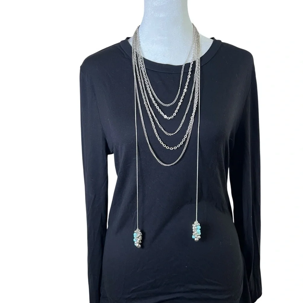 Silver Tone Layered Chain Necklace Long Turquoise Boho Elegant Dressy Draped 20s